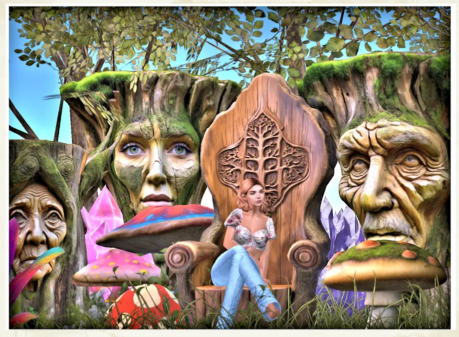 Tansy's avatar sits among enchanted trees and mushrooms in a whimsical OpenSim world built with her AI-generated 3D creations.
