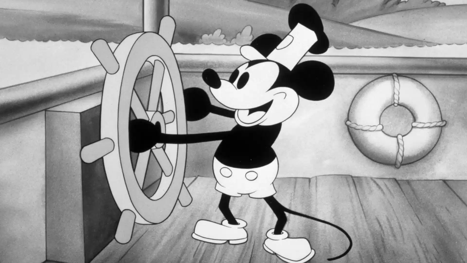 Steamboat Willie, um exemplo inicial de animação 2D, mostrando a produção tradicional de animação quadro a quadro.