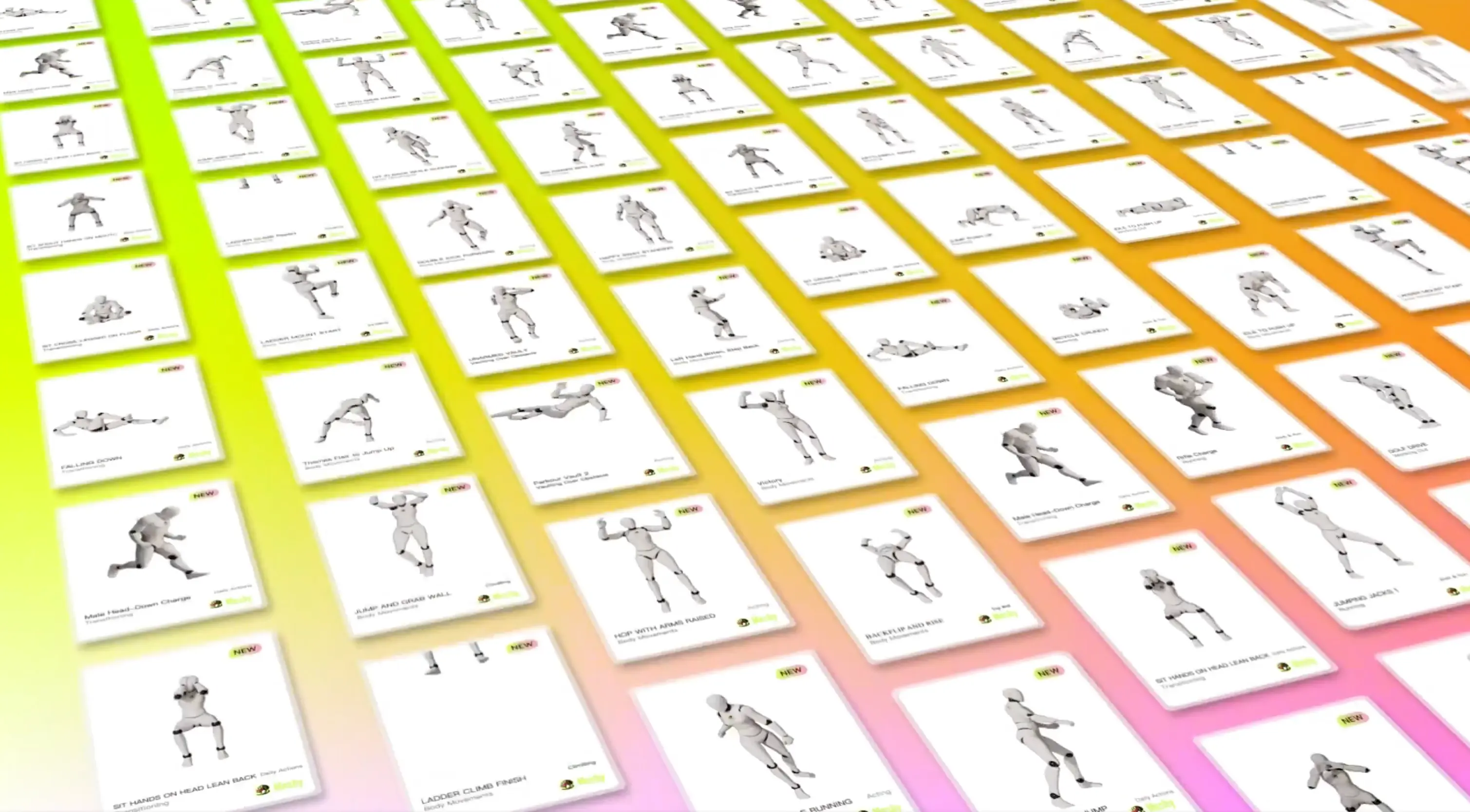 Explore os presets de animação 3D gratuitos da Meshy para movimentos prontos a usar com rigging