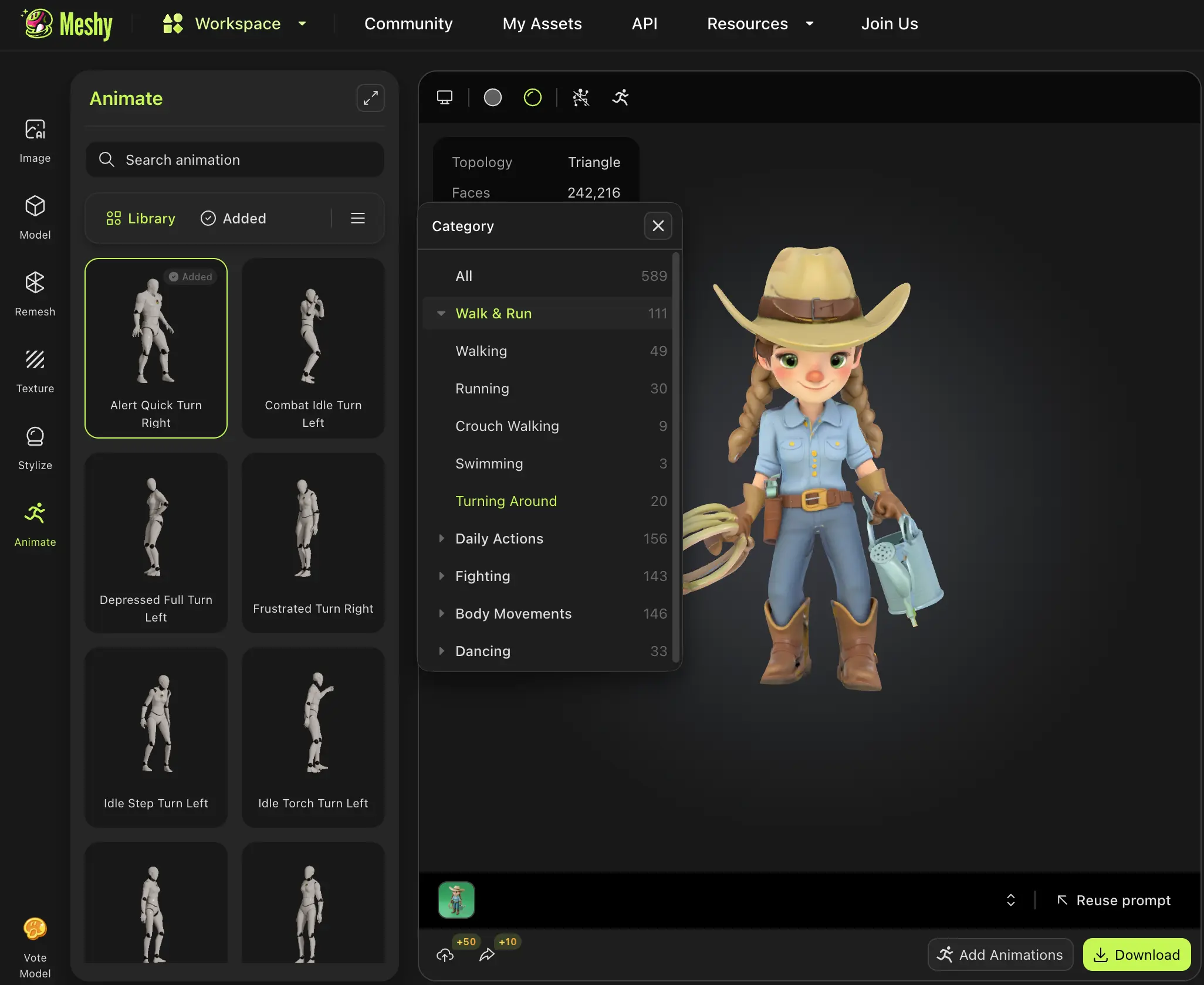 Interface da biblioteca de animação 3D gratuita da Meshy com sistema de categorização de dois níveis
