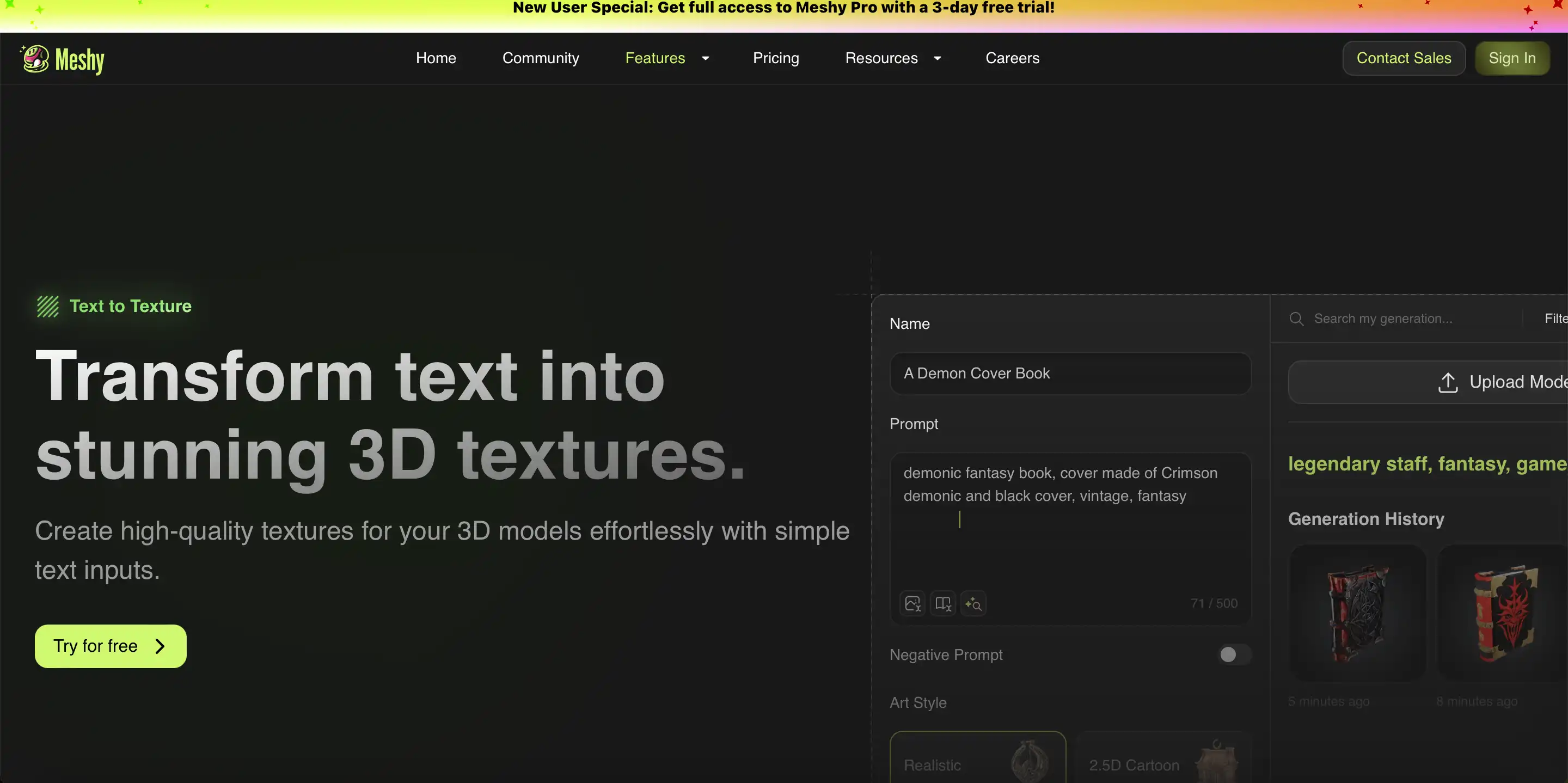 Meshy's text to texture feature