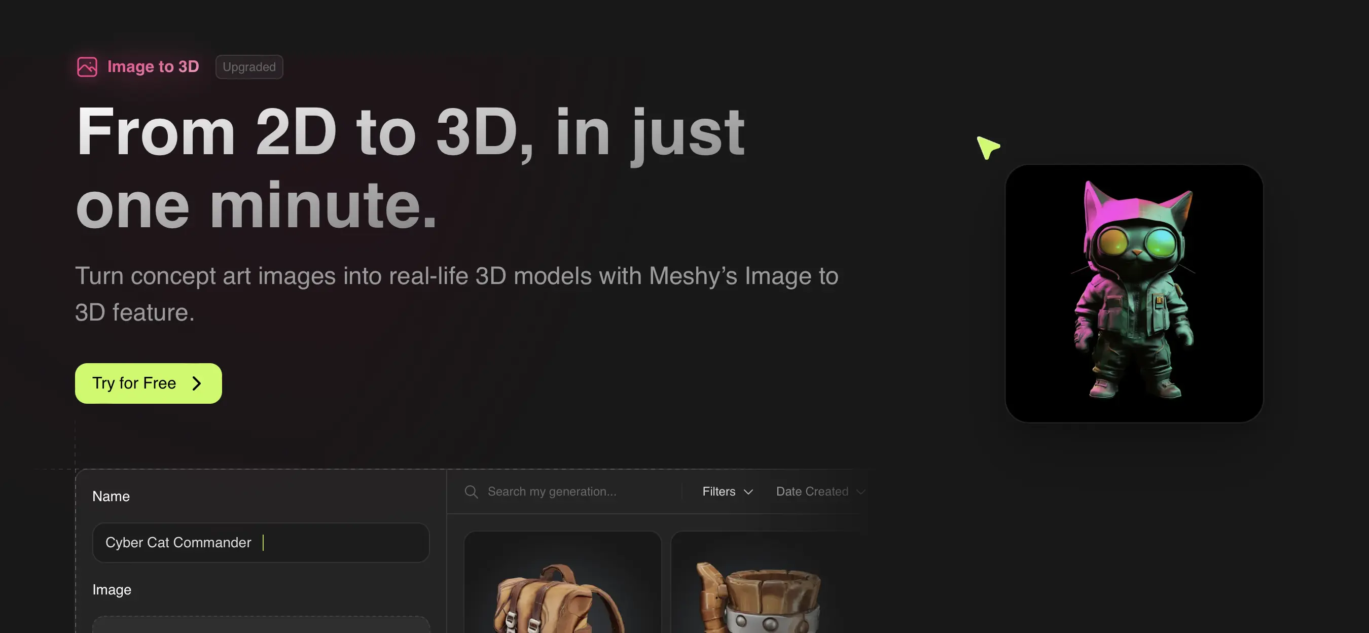 Recurso de imagem para 3D do Meshy