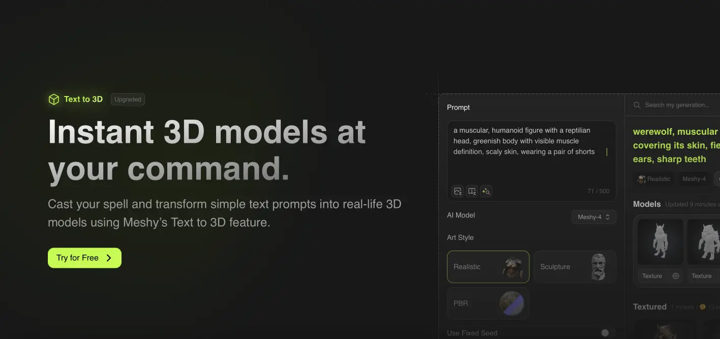 Recurso de texto para 3D do Meshy