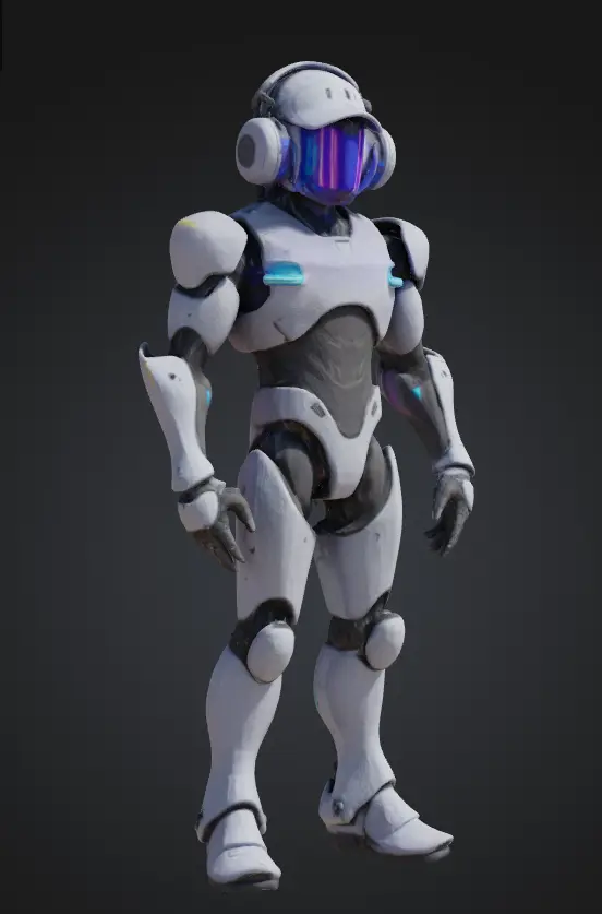 Cyberpunk 3D robot model with headphones, a cap, shiny metallic textures, and glowing accents