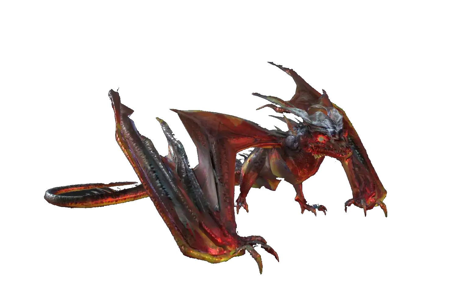 Ancient, primal, evil, sinister, draconic, reptilian, scaly, winged, claws, talons, fangs, horns, spikes, armored, predator, beast, monster, mythical, legendary, enormous, colossal, imposing, alpha, dangerous, violent, aggressive, savage, destroyer, tyrant, slayer, fire-breathing, lava-spewing
