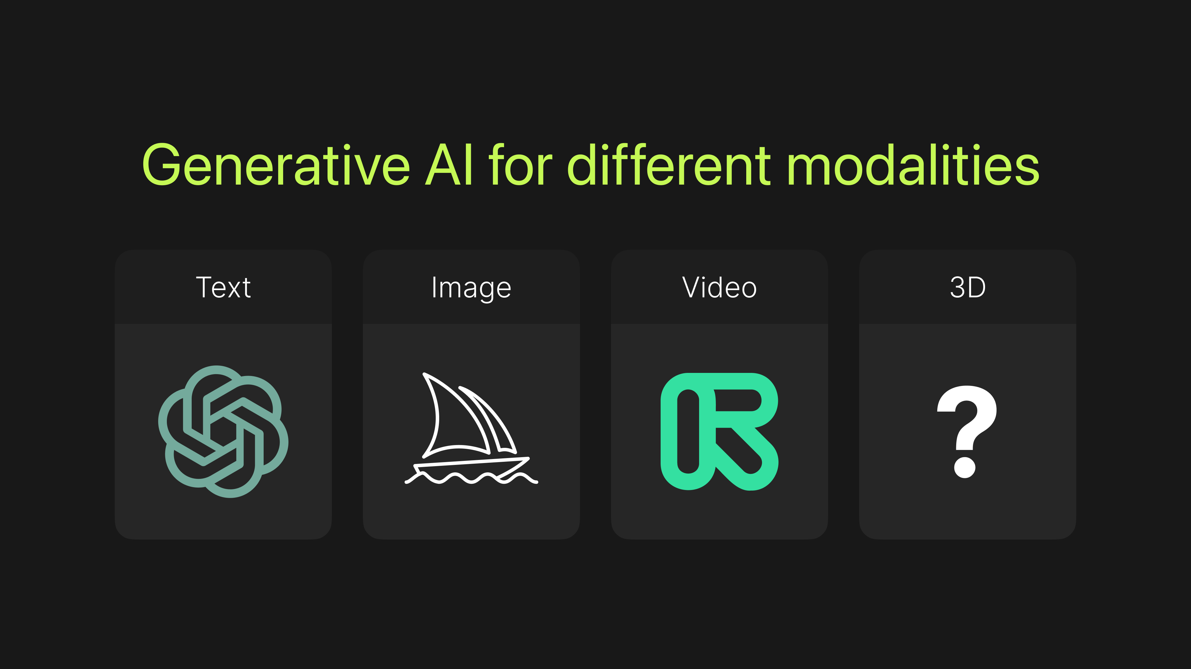 Different modalities of generative AI products, from text, image to video, and maybe to 3d?
