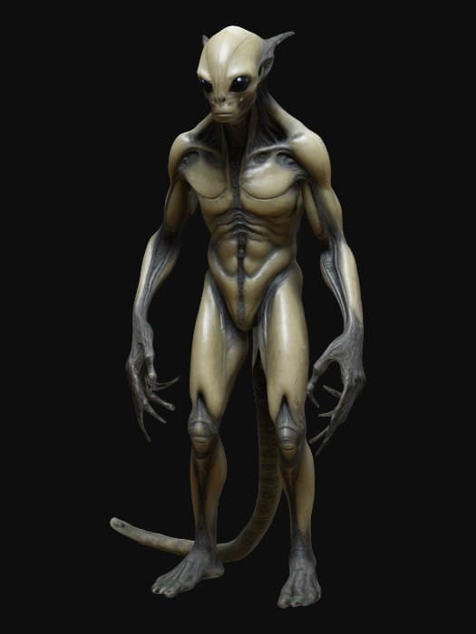 «A towering alien humanoid with smooth, stone-like skin etched with ...