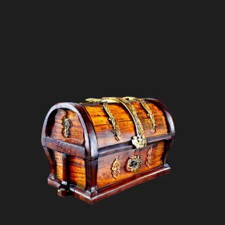 A treasure chest, realistic, wooden, carved, highest quality